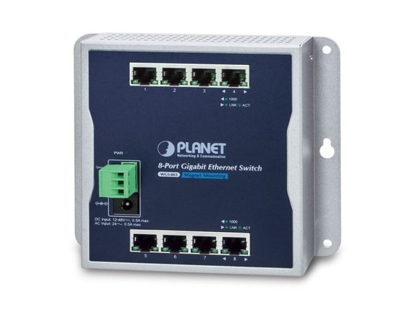 PLANET WGS-803 - Switch - ikke-styrt + 8 x 10/100/1000 - DIN-skinnemonterbar, veggmonterbar - DC-strøm