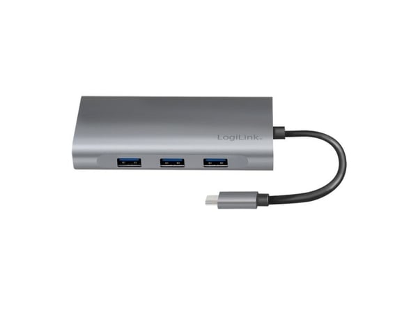 LogiLink UA0383, Koblet med ledninger (ikke trådløs), USB 3.2 Gen 1 (3.1 Gen 1) Type-C, 100 W, 3,5 mm, 10,100,1000 Mbit/s, Sølv