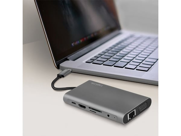 LogiLink UA0383, Koblet med ledninger (ikke trådløs), USB 3.2 Gen 1 (3.1 Gen 1) Type-C, 100 W, 3,5 mm, 10,100,1000 Mbit/s, Sølv