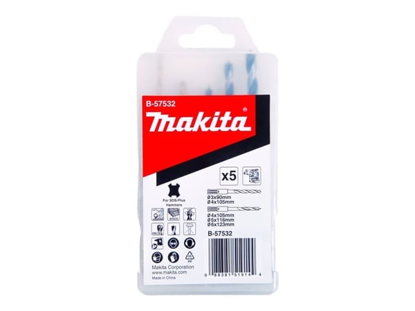 Makita - Borsett - for tre, metall - 5 deler - 5 mm, 6 mm, 4 mm, 3 mm - SDS-plus - lengde: 90 mm, 105 mm, 123 mm, 116 mm - for Makita DHR171RAX3