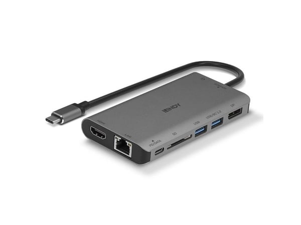 Lindy 43323, Koblet med ledninger (ikke trådløs), USB 3.2 Gen 1 (3.1 Gen 1) Type-C, 100 W, 1000 Mbit/s, Svart, Grå, SD