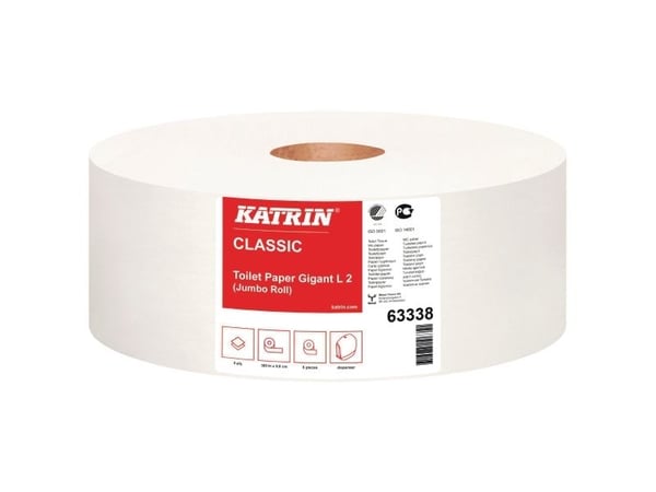 Toiletpapir Katrin Classic Gigant Jumbo L2 2-lag Ø27.5xB9.8cmL380m Mix Hvid,6 stk/krt