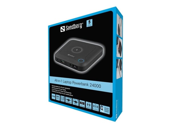 Sandberg All-in1 Laptop Powerbank 24000 - Powerbank for Laptop - 24000 mAh - Trådløs lading (Qi-lading) - Svart