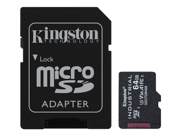 Kingston Industrial - Flash-minneskort (microSDXC till SD-adapter inkluderad) - 64 GB - A1 / Video Class V30 / UHS-I U3 / Class10 - mikroSDXC UHS-I