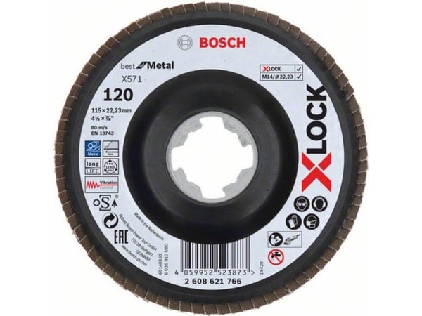 Bosch Accessories 2608621766 X-LOCK lamellslipeskive for metall, vinklet utførelse, G 120, X571, 115 mm, K120 diameter 115 mm, 1 stk