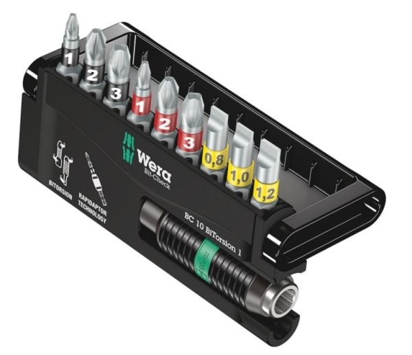 Wera Bit-Check 10 BiTorsion 1 - Screwdriver bit and bit holder set - 10 delar - phillips, pozidriv, slot - PH1, PH2, PH3, PZ1, PZ2, PZ3, SL5.5, SL6...