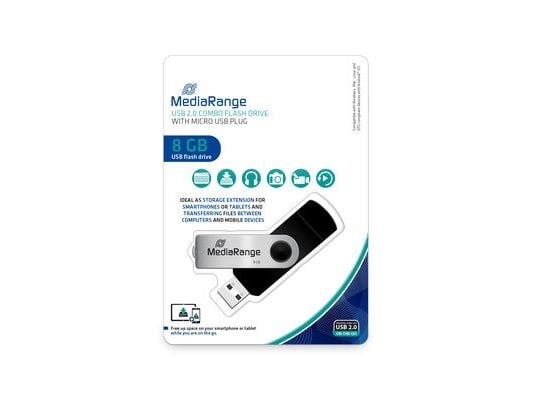 MediaRange MR930-2, 8 GB, USB Type-A / Micro-USB, 2.0, 15 MB/s, Taittuva, Musta, Hopea
