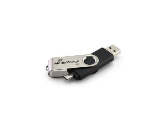 MediaRange MR930-2, 8 GB, USB Type-A / Micro-USB, 2.0, 15 MB/s, Taittuva, Musta, Hopea