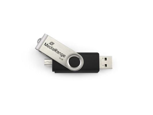 MediaRange MR930-2, 8 GB, USB Type-A / Micro-USB, 2.0, 15 MB/s, Taittuva, Musta, Hopea