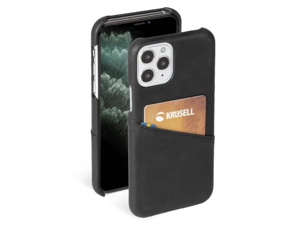 Krusell CardCover - Baksidedeksel for mobiltelefon - håndlaget lær - årgangssvart - for Apple iPhone 12 mini