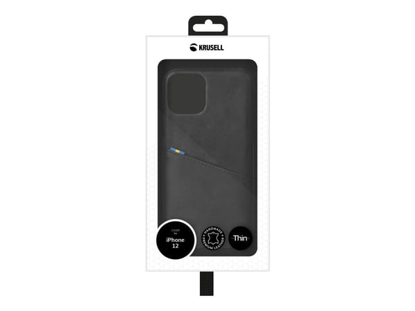 Krusell CardCover - Baksidedeksel for mobiltelefon - håndlaget lær - årgangssvart - for Apple iPhone 12 mini