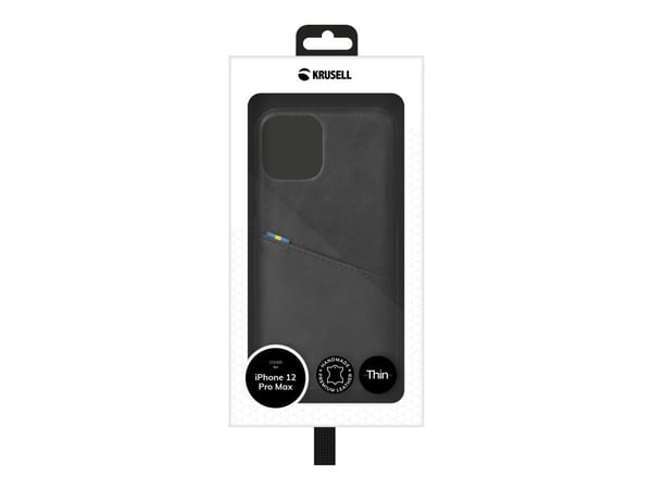 Krusell Sunne Cardcover - Baksidedeksel for mobiltelefon - ekte skinn - årgangssvart - for Apple iPhone 12 Pro Max