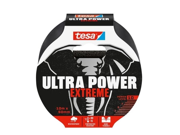 TESA Ultra Power Extreme, Sort, Reparering, PET-filt, Gummi, Metall, PVC, Ru, Smooth (glatt), 10 m