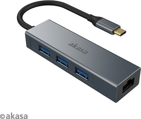Akasa AK-CBCA20-18BK, USB 3.2 Gen 1 (3.1 Gen 1) Type-C, RJ-45, USB 3.2 Gen 1 (3.1 Gen 1) Type-A, 5000 Mbit/s, Grå, Aluminium, 0,18 m