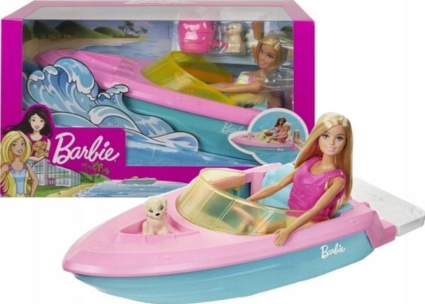 Barbie -nukke ja vene, koiranpentu ja tarvikkeita, kelluu vedessä, 3–7-vuotiaille, Nuken vene, 3 vuosi/vuosia, 700 g