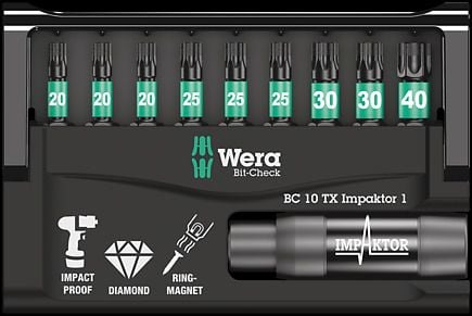 Wera Bit-Check 10 TX Impaktor 1 - Screwdriver bit and bit holder set - 10 delar - torx - T20, T25, T30, T40 - hexagonalt