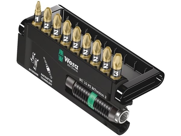 Wera 05347153001, 10 stykker, Pozidriv, 1 x 1/4"x75 1 x PZ 1x25 7 x PZ 2x25 1 x PZ 3x25, 25,4 / 4 mm (1 / 4"), Sekskantet