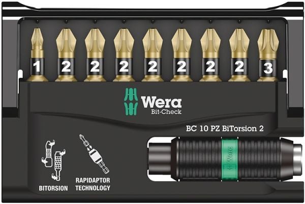 Wera 05347153001, 10 stykker, Pozidriv, 1 x 1/4"x75 1 x PZ 1x25 7 x PZ 2x25 1 x PZ 3x25, 25,4 / 4 mm (1 / 4"), Sekskantet