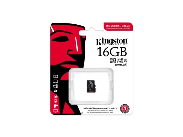 Kingston Technology 16GB microSDHC Industrial C10 A1 pSLC -kortti yksittäispakkaus ilman sovitinta, 16 GB, MicroSDHC, Luokka 10, UHS-I, 100 MB/s, 8...