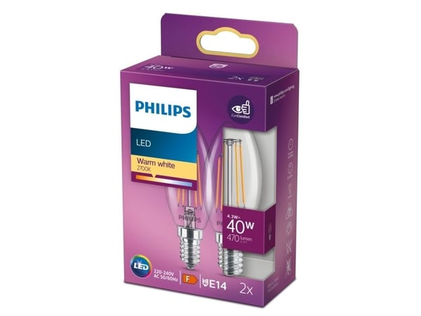 Philips Philips LED-stearinlys E14 2-pakning 4,3W (40W) 2700K 470lm Vintage