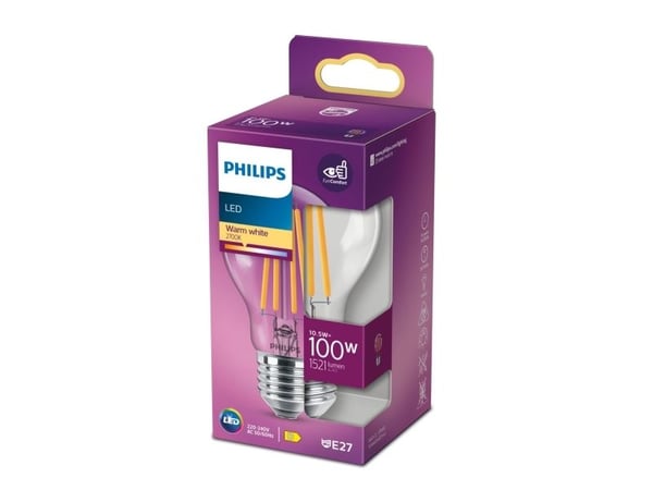 Philips - LED-filamentlyspære - form: A60 - klar finish - E27 - 10.5 W (ekvivalent 100 W) - klasse D - varmt hvitt lys - 2700 K