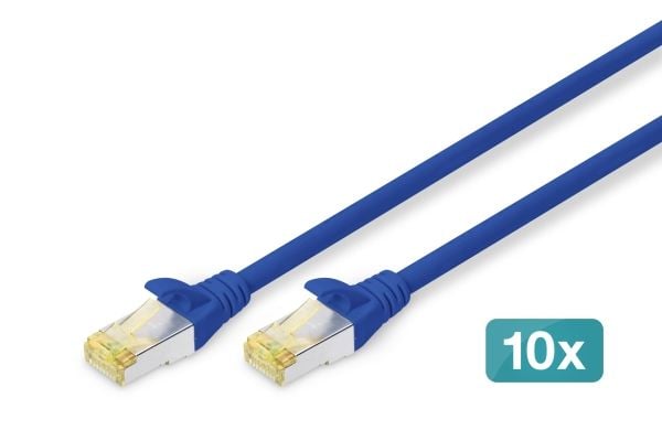 DIGITUS - Koblingskabel - RJ-45 (hann) til RJ-45 (hann) - 1 m - S/FTP - CAT 6a - halogenfri, formstøpt, uten hindringer - blå (en pakke 10)