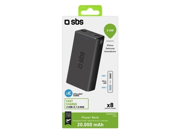 SBS Powerbank 2x USB, 20.000 mAh, musta