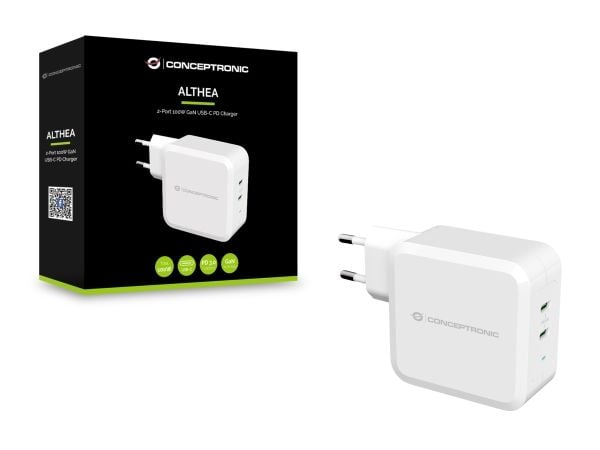 Conceptronic ALTHEA - Strømadapter - 100 watt - PD 3.0 - 2 utgangskontakter (2 x USB-C) - hvit