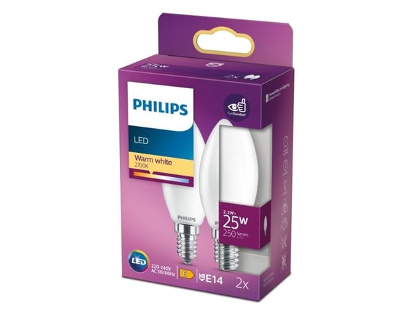 Philips - LED-lyspære - form: B35 - mattslipt finish - E14 - 2.2 W (ekvivalent 25 W) - klasse E - varmt hvitt lys - 2700 K (en pakke 2)
