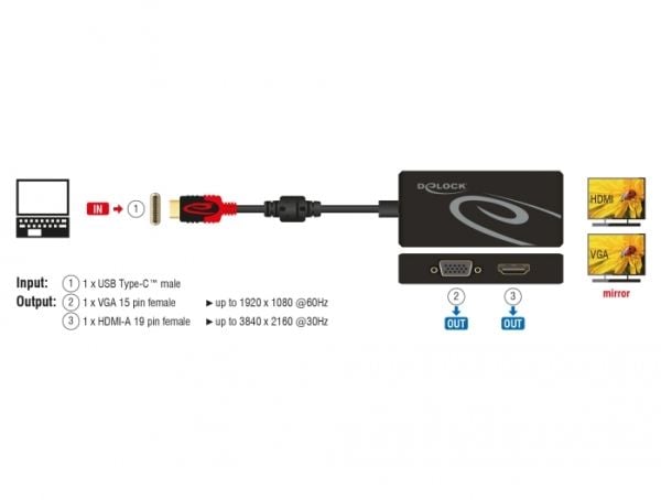 Delock - Ekstern videoadapter - USB-C - HDMI, VGA