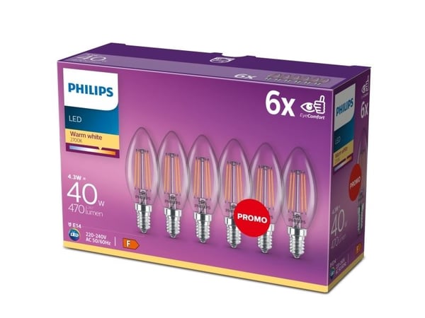 Philips - LED-filamentlyspære - form: B35 - klar finish - E14 - 4 W (ekvivalent 40 W) - klasse F - varmt hvitt lys - 2700 K (en pakke 6)