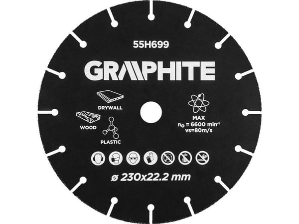 Graphite kappeskive i wolframkarbid 230 x 22,2 mm for tre og plast