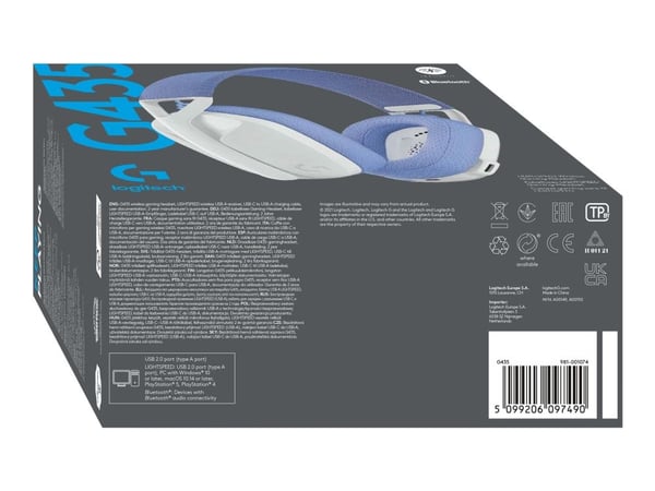 Logitech G435 LIGHTSPEED - Hodesett - Full størrelse - 2,4 GHz - Trådløs - USB - Hvit
