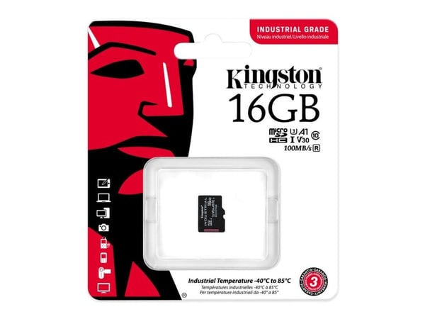 Kingston Technology 16GB microSDHC Industrial C10 A1 pSLC -kortti yksittäispakkaus ilman sovitinta, 16 GB, MicroSDHC, Luokka 10, UHS-I, 100 MB/s, 8...