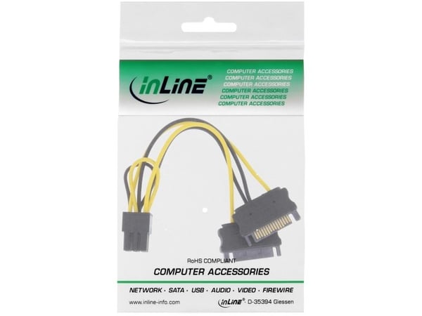 InLine 0.15m 2xSATA/6P PCIe, 0.15 m, PCI-E (6-nastainen), 2 x SATA 15-nastainen, urosliitin, naarasliitin, suora