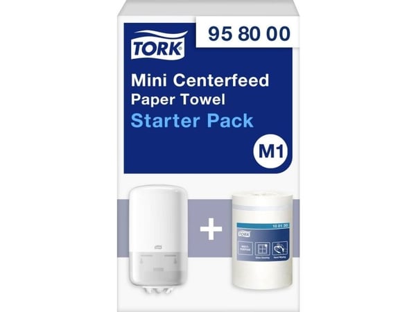 Håndklerull Tork M1 startpakke - med 1 dispenser + 1 minirull 1-lags hvit