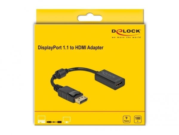 Delock - Videoadapter - DisplayPort han låsende til HDMI hun - 15 cm - sort - passiv omformer, 1080p support 60 Hz