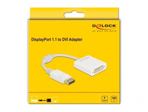 Delock - Video adapter - DisplayPort (hann) låst til DVI-I (hunn) skrubar - DisplayPort 1.1 - 15 cm - passiv, 1080p støtte 60 Hz - hvit