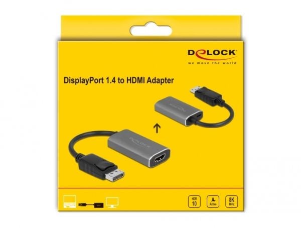 Delock - Video adapter - DisplayPort hann låsing til HDMI, USB-C (kun strøm) hunn - 20 cm - grå, svart - aktiv omformer, 8 K 60 Hz (7680 x 4320) st...