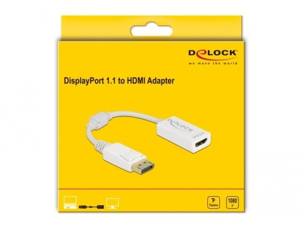 Delock - Video adapter - DisplayPort hann låsing til HDMI hunn - 15 cm - hvit - passiv omformer, 1080p støtte 60 Hz