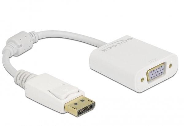 Delock - Video adapter - DisplayPort (hann) låst til HD-15 (VGA) (hunn) skrubar - DisplayPort 1.2 - 15 cm - passiv, 1080p støtte 60 Hz - hvit