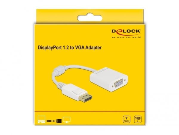 Delock - Video adapter - DisplayPort (hann) låst til HD-15 (VGA) (hunn) skrubar - DisplayPort 1.2 - 15 cm - passiv, 1080p støtte 60 Hz - hvit
