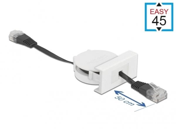 Delock - Koblingskabel - RJ-45 (hann) til RJ-45 (hann) - 50 cm - SF/UTP - CAT 5e - formstøpt, tilbaketrekkbar, flat - svart, hvit, RAL 9003