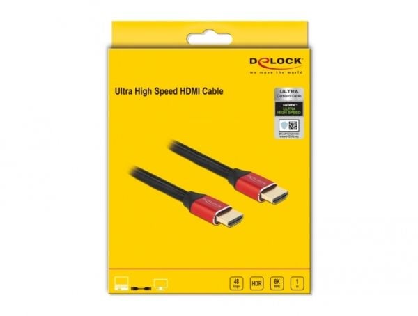 Delock - Ultra High Speed - HDMI-kabel - HDMI hann til HDMI hann - 1 m - trippel beskyttelse - rød - gullglimtkontakter, 8 K 60 Hz (7680 x 4320) st...
