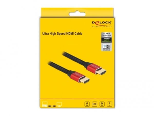 Delock - Ultra High Speed - HDMI-kabel - HDMI hann til HDMI hann - 2 m - trippel beskyttelse - rød - gullglimtkontakter, 8 K 60 Hz (7680 x 4320) st...