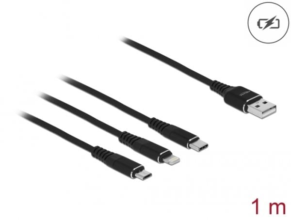 DeLOCK 87155, 1 m, USB A, Micro-USB B/Lightning/Apple 30-pin, USB 2.0, Musta