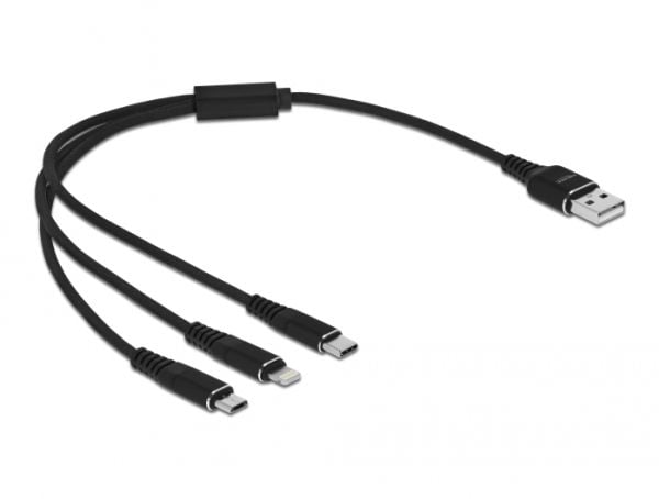 DeLOCK 87152, 0,3 m, USB A, USB C/Micro-USB B/Lightning, USB 2.0, Musta