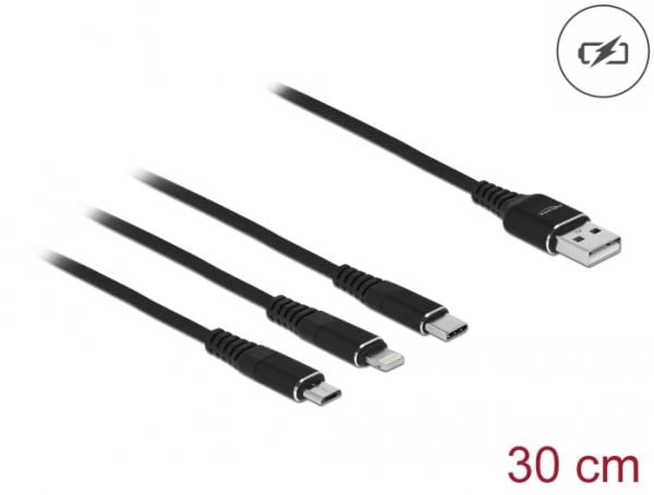 DeLOCK 87152, 0,3 m, USB A, USB C/Micro-USB B/Lightning, USB 2.0, Musta
