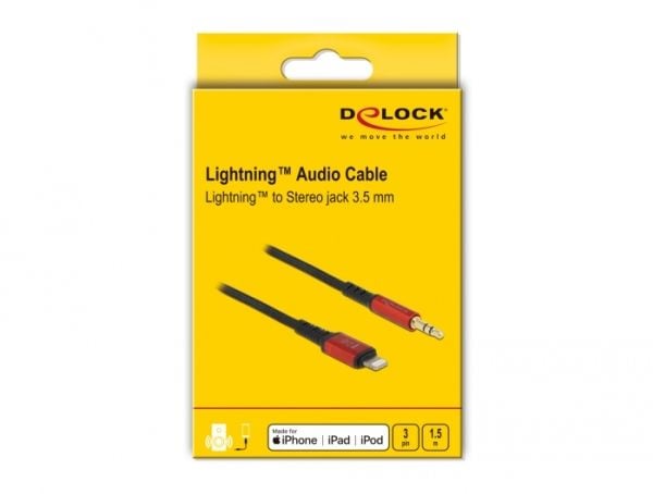 Delock - Kabel fra Lightning til hodetelefonsjakk - Lightning hann til mini-phone stereo 3.5 mm hann - 1.5 m - svart, rød