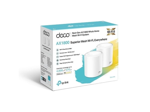TP-Link Deco X20 (2-pk), Hvid, Intern, Mesh-system, Strøm, FCC: <30 dBm, CE: <20 dBm (2,4 GHz), <23 dBm (5 GHz), Dual-band (2,4 GHz / 5 GHz)